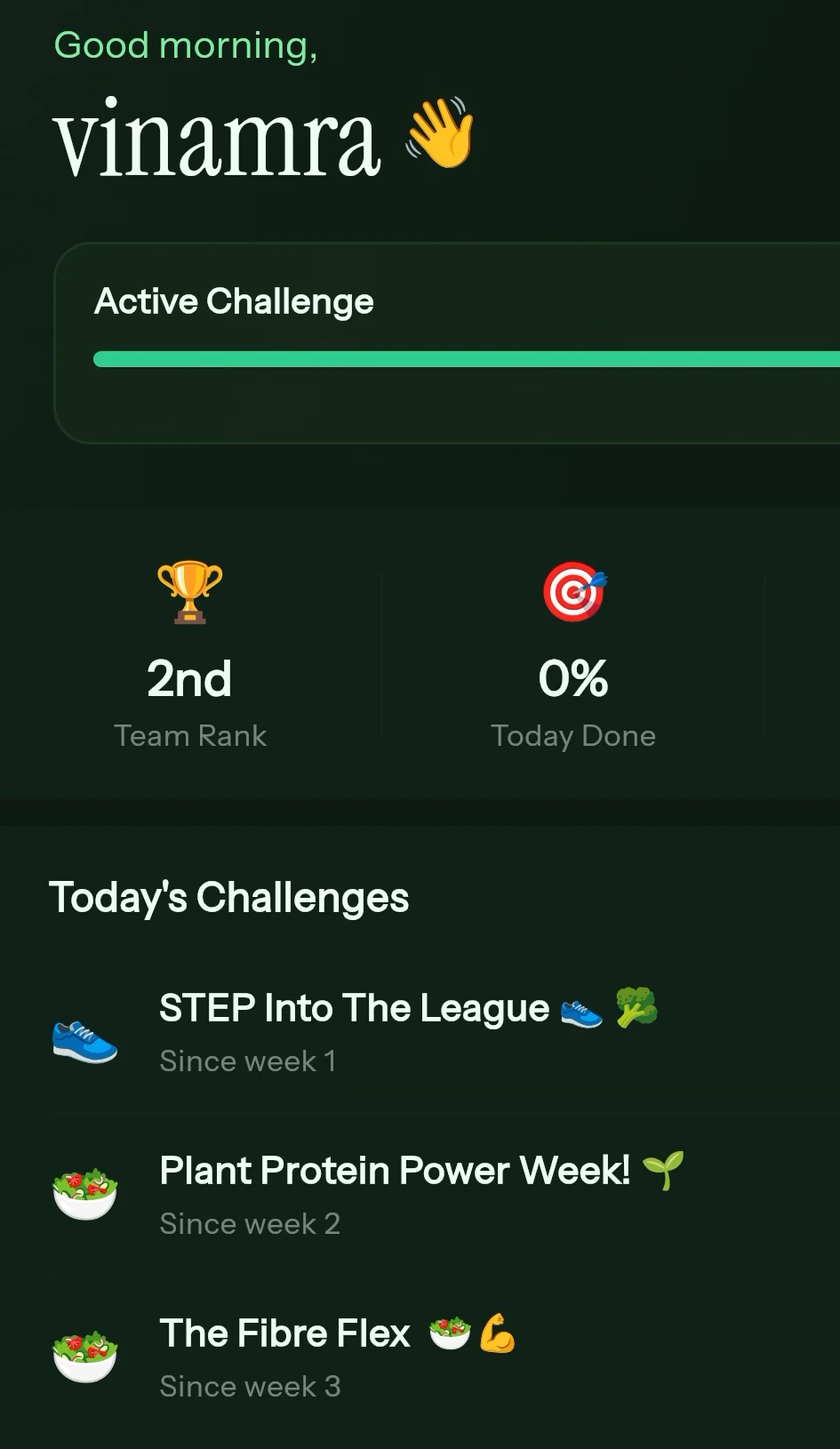 The Nutrition League app home screen in dark mode