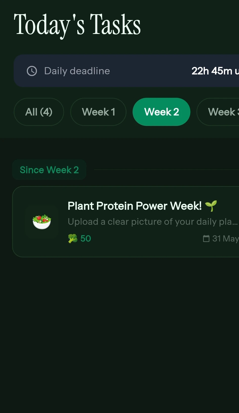 Today's Tasks screen showing a plant protein challenge